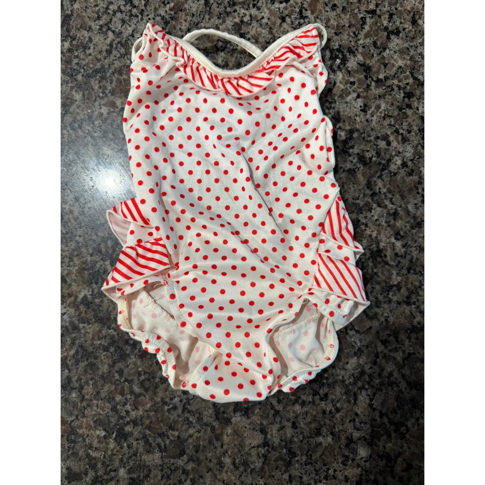 Vintage Catalina Girls Red White Polka Dot Striped Ruffle One Piece Swimsuit USA
